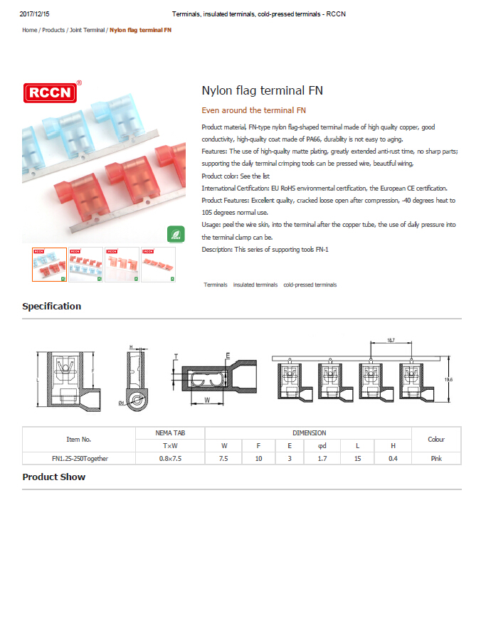 Nylon flag terminal FN  Specifications